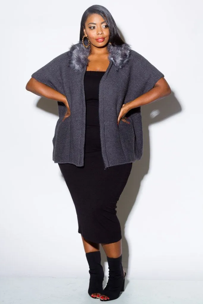 Plus Size Sleek Faux Fur Collar Cardigan