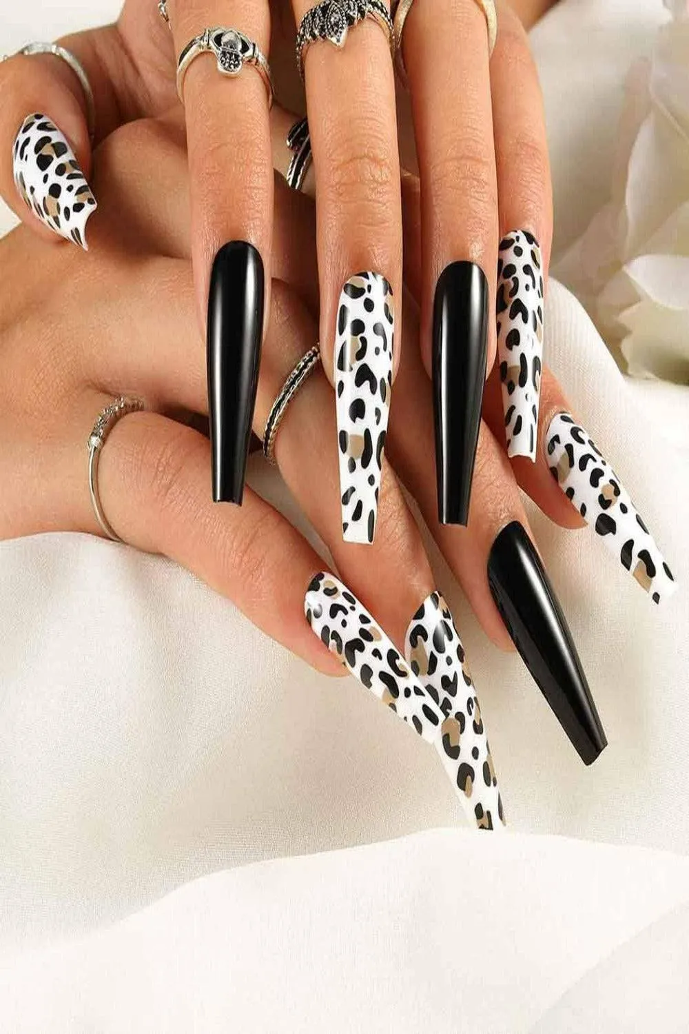 Press On Nails Black Cow Print Glossy Coffin Leopard Nail Kit