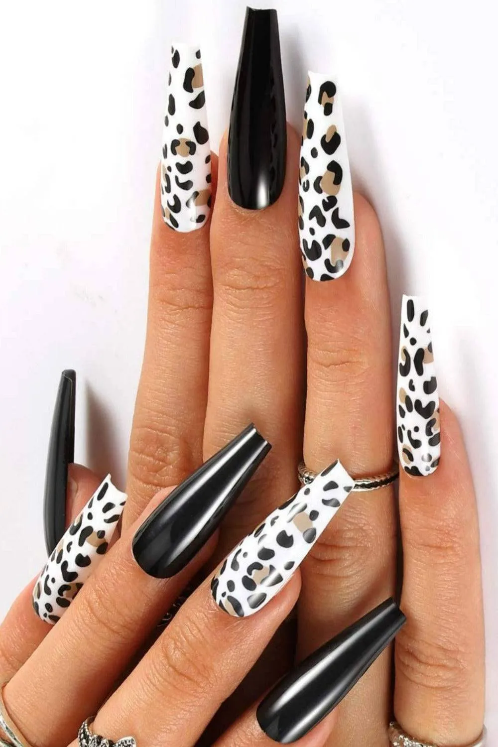 Press On Nails Black Cow Print Glossy Coffin Leopard Nail Kit