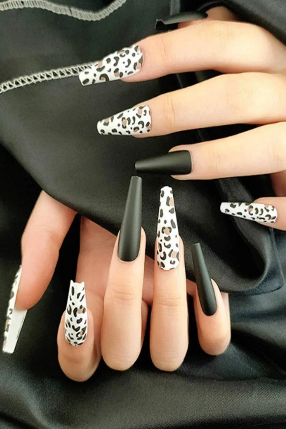 Press On Nails Black Cow Print Glossy Coffin Leopard Nail Kit