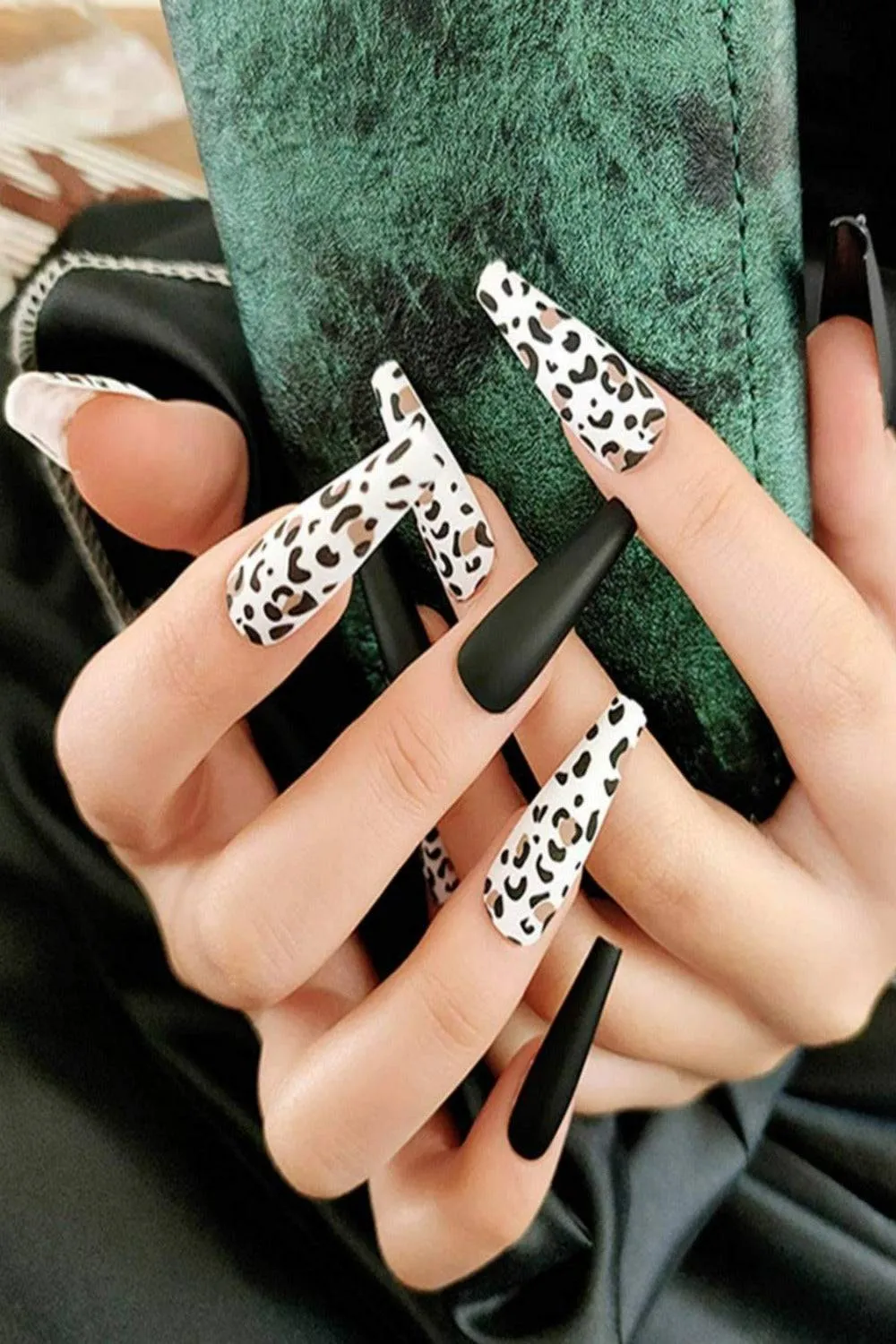 Press On Nails Black Cow Print Glossy Coffin Leopard Nail Kit