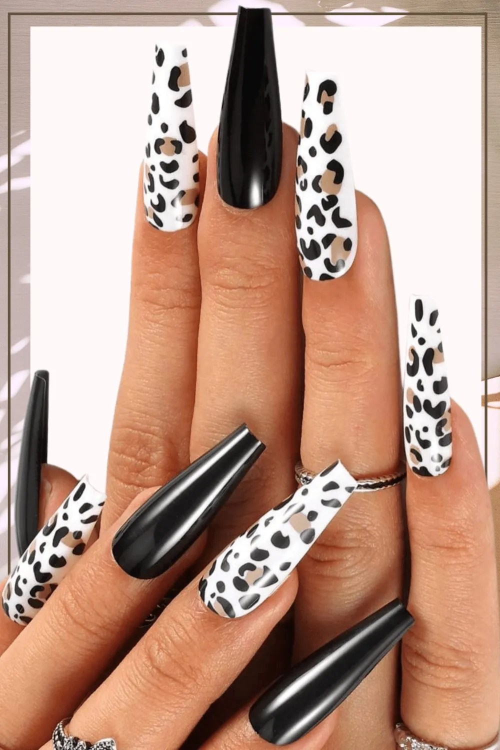 Press On Nails Black Cow Print Glossy Coffin Leopard Nail Kit