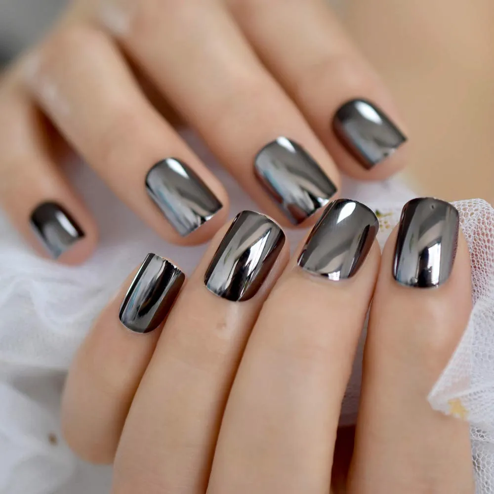 Press On Nails Black Metallic Glossy Square Nail Kit