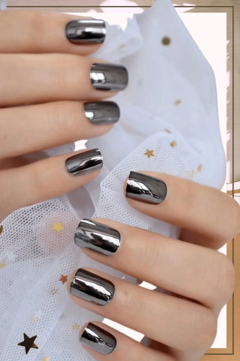 Press On Nails Black Metallic Glossy Square Nail Kit