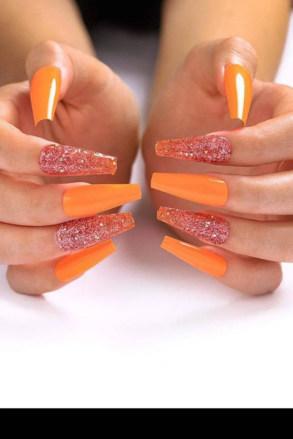 Press On Nails Orange Glitter Glossy Coffin Nail Kit