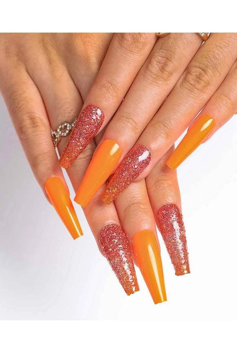 Press On Nails Orange Glitter Glossy Coffin Nail Kit