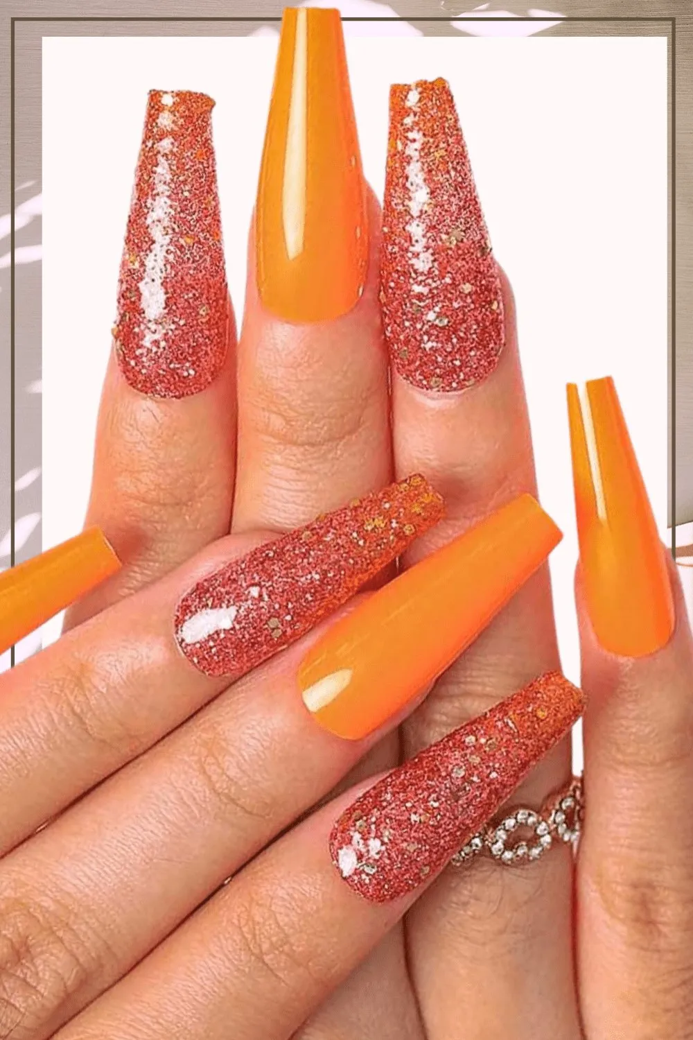Press On Nails Orange Glitter Glossy Coffin Nail Kit