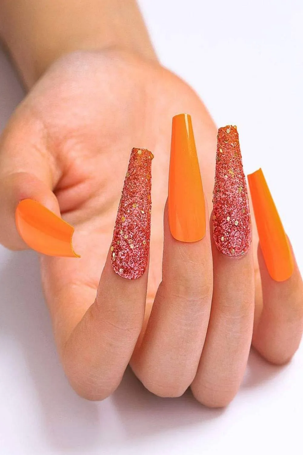 Press On Nails Orange Glitter Glossy Coffin Nail Kit
