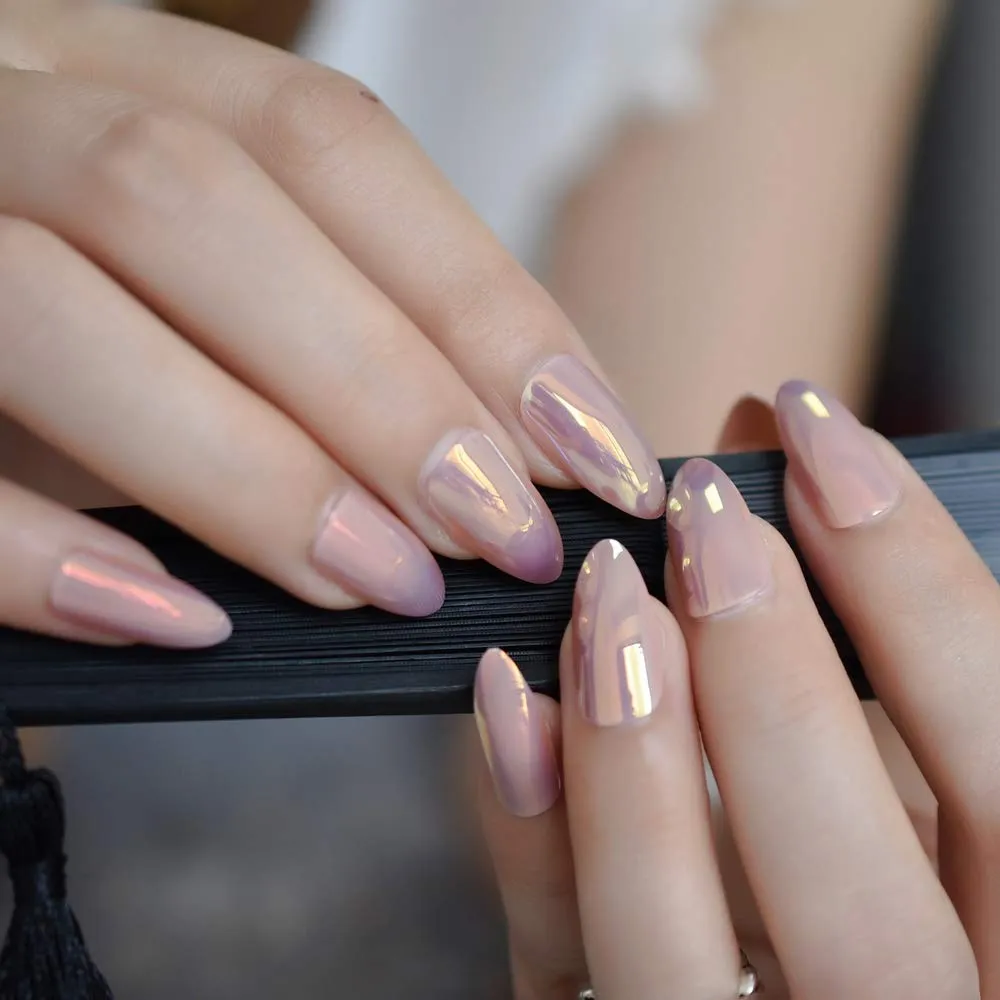 Press On Nails Pink Chrome Glossy Almond Nail Kit