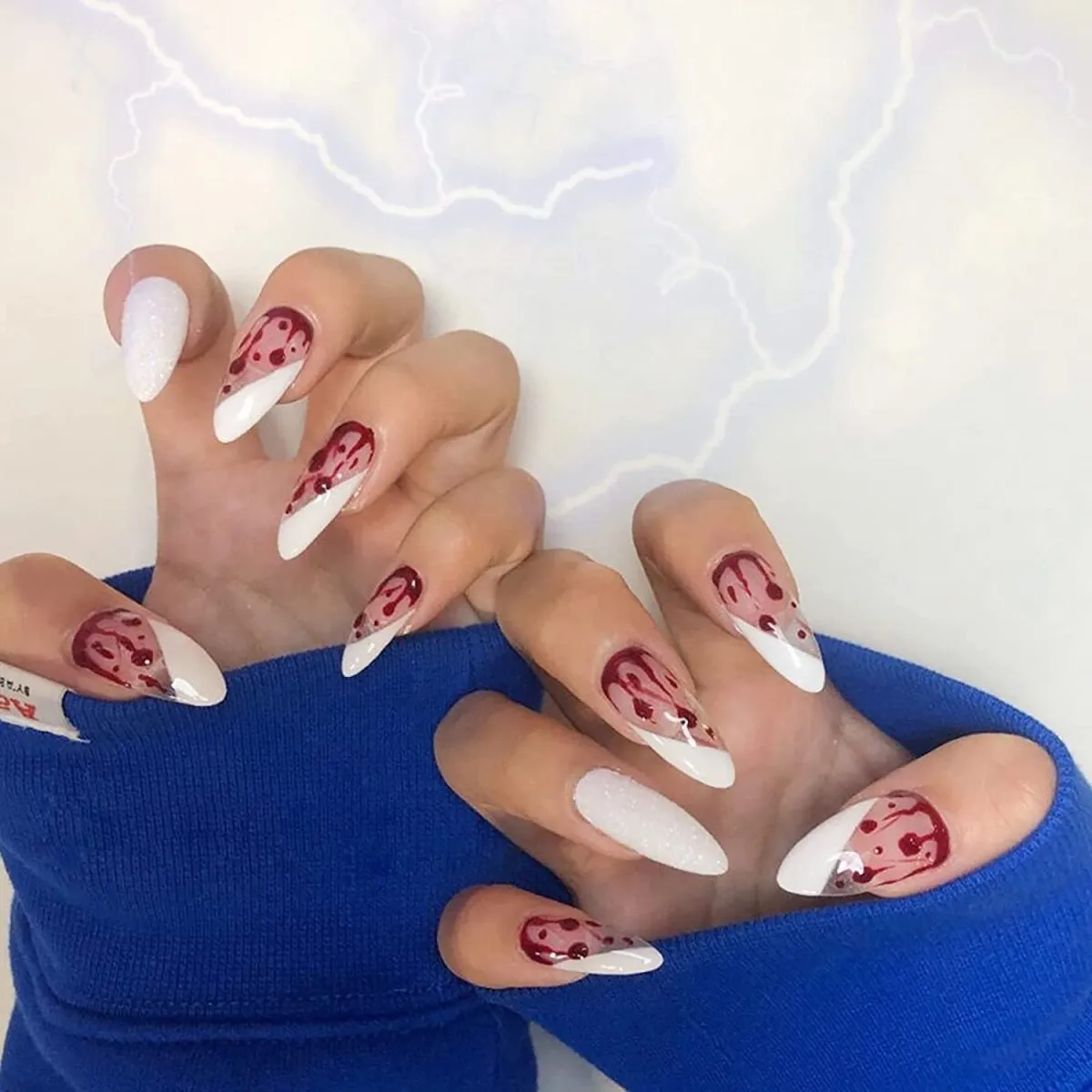 Press On Nails White French Glossy Almond Blood Dripping Nail Kit
