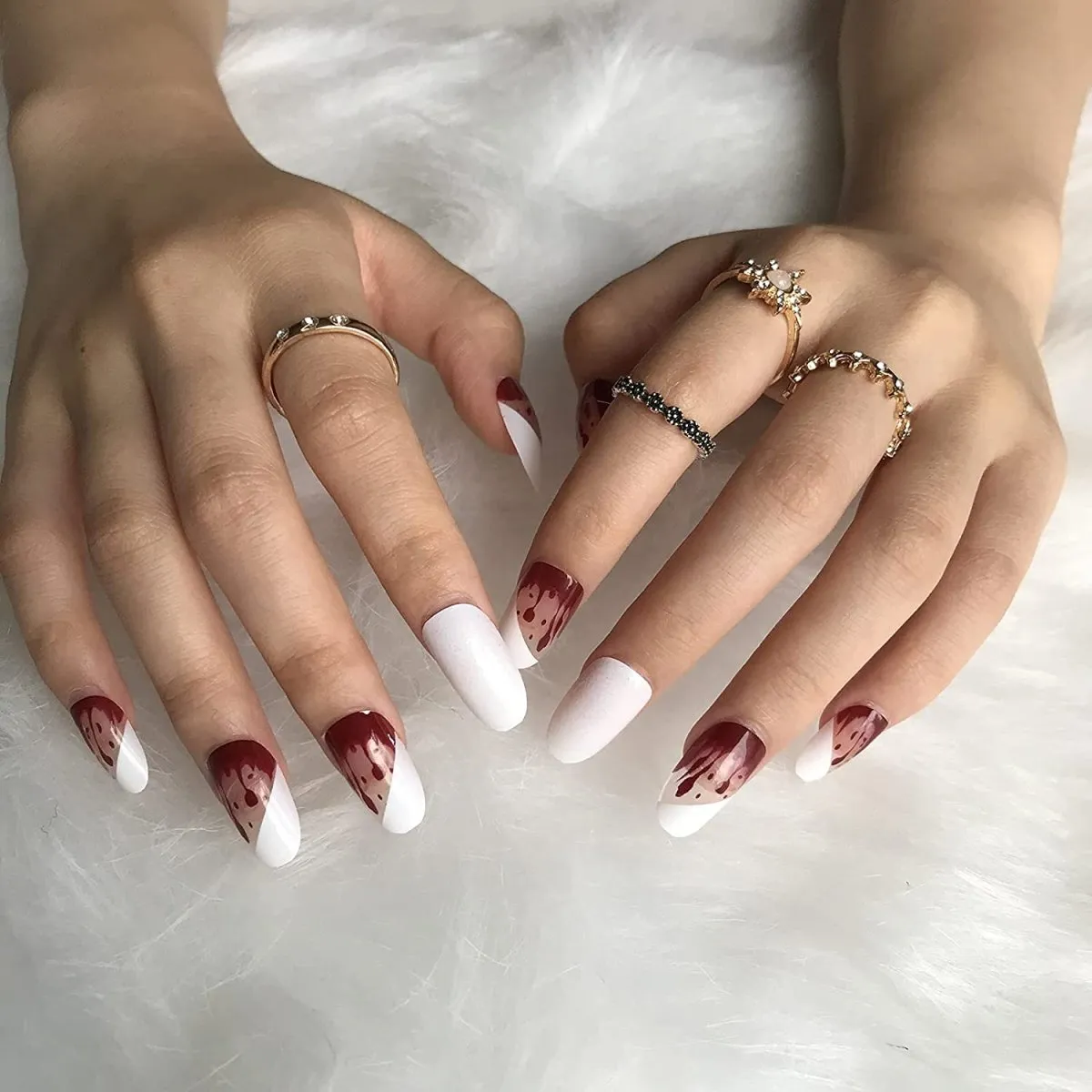 Press On Nails White French Glossy Almond Blood Dripping Nail Kit