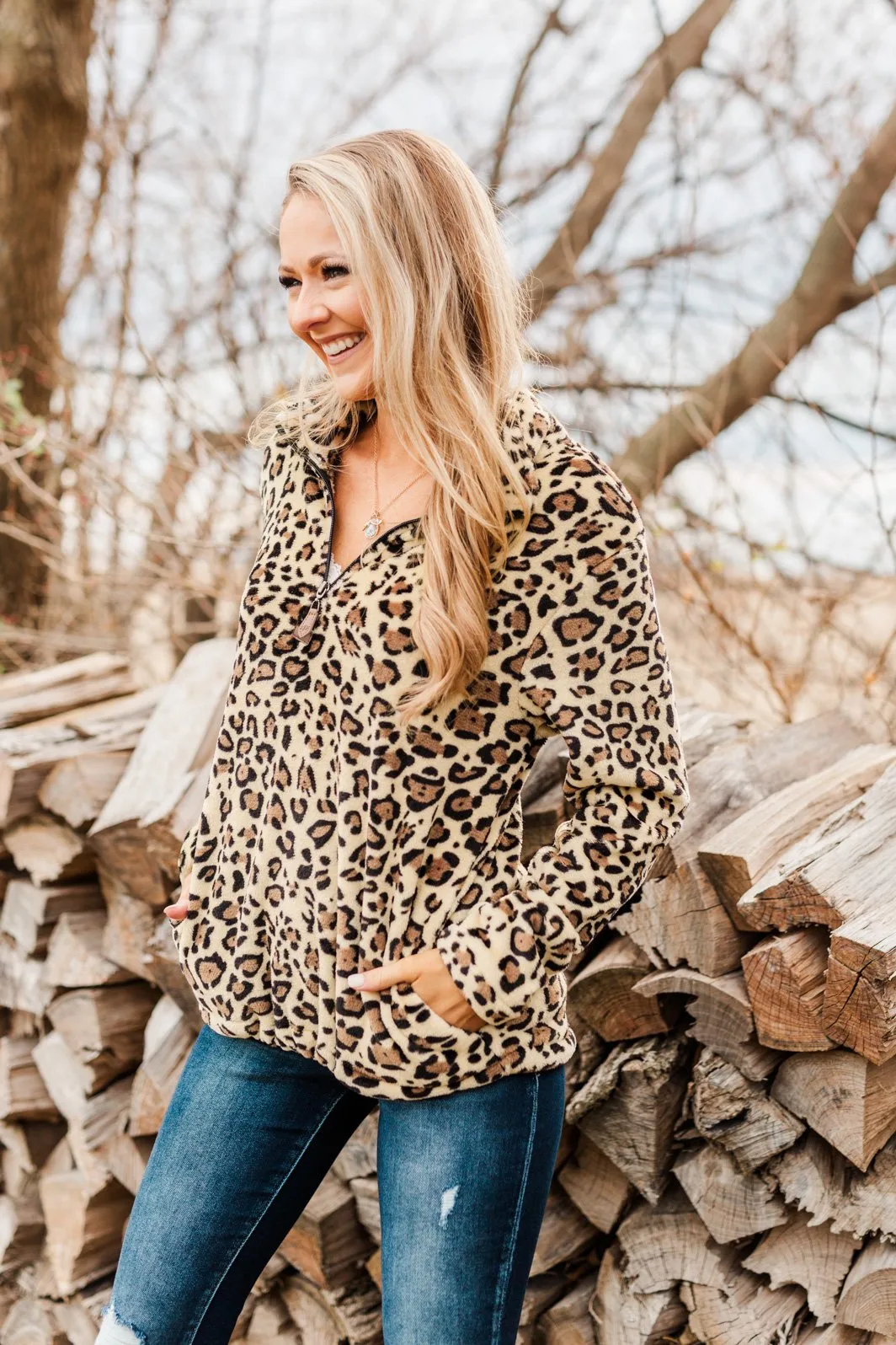 Quarter Zip Leopard Sherpa- Neutral