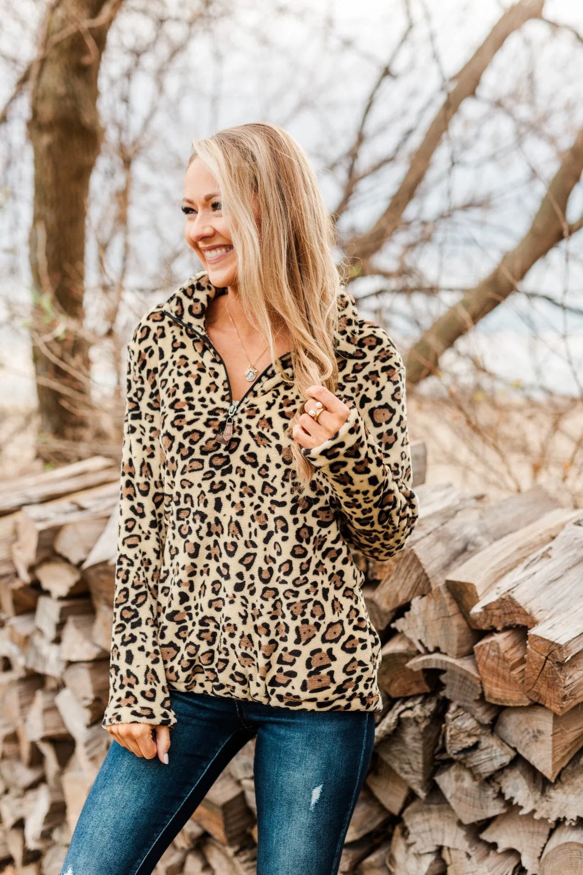 Quarter Zip Leopard Sherpa- Neutral