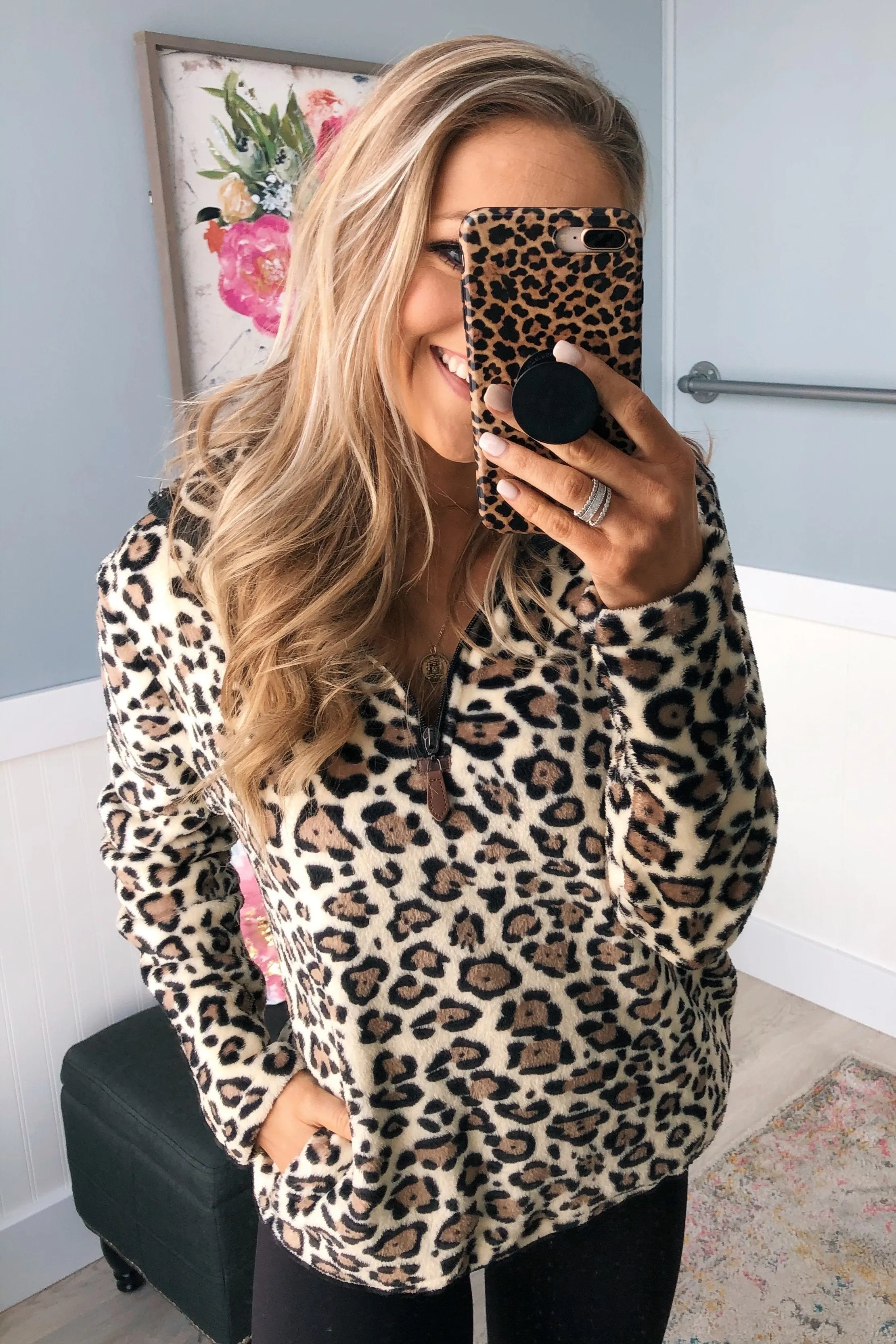 Quarter Zip Leopard Sherpa- Neutral