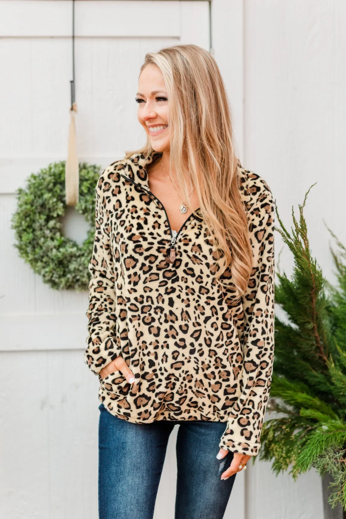 Quarter Zip Leopard Sherpa- Neutral