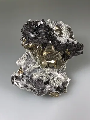 Quartz and Pyrite on Sphalerite, Mogila Mine, Madan District, Bulgaria, Mined c. 2012, Medium Cabinet 6.0 x 9.0 x 12.0 cm, $25.  Online January 30.