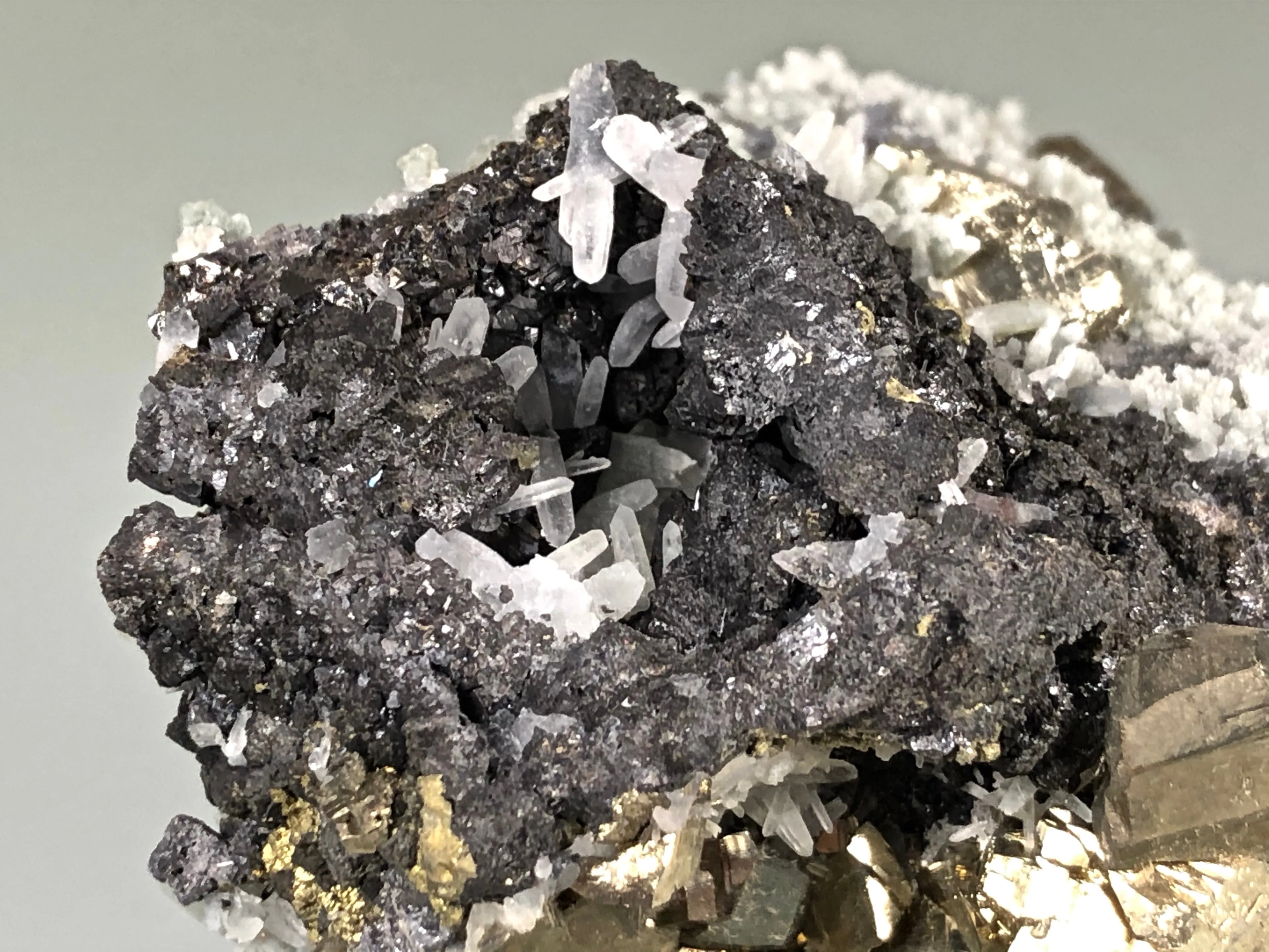 Quartz and Pyrite on Sphalerite, Mogila Mine, Madan District, Bulgaria, Mined c. 2012, Medium Cabinet 6.0 x 9.0 x 12.0 cm, $25.  Online January 30.