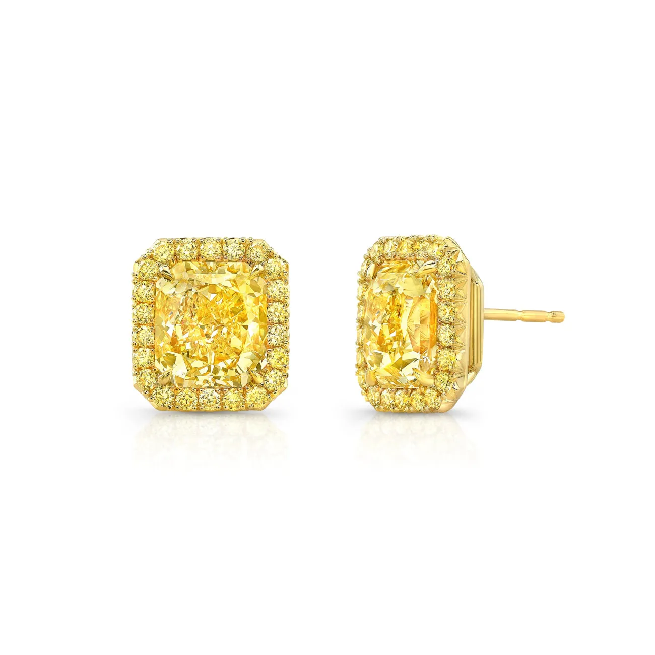 Radiant Cut 3.04 ct 18K Yellow Gold Halo Fancy Yellow Diamond Stud Earrings