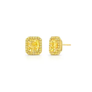 Radiant Cut 3.04 ct 18K Yellow Gold Halo Fancy Yellow Diamond Stud Earrings