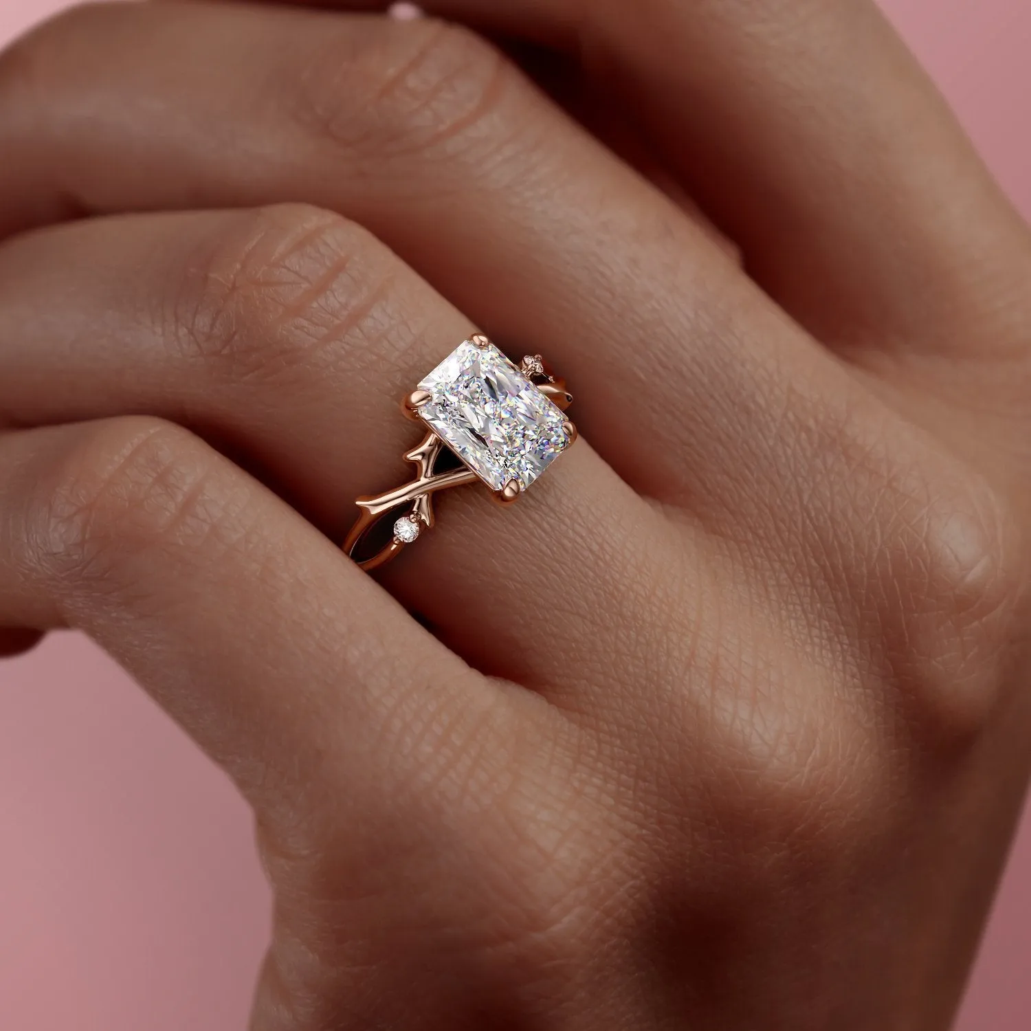 Radiant Cut Moissanite Engagement Ring, Twig Design