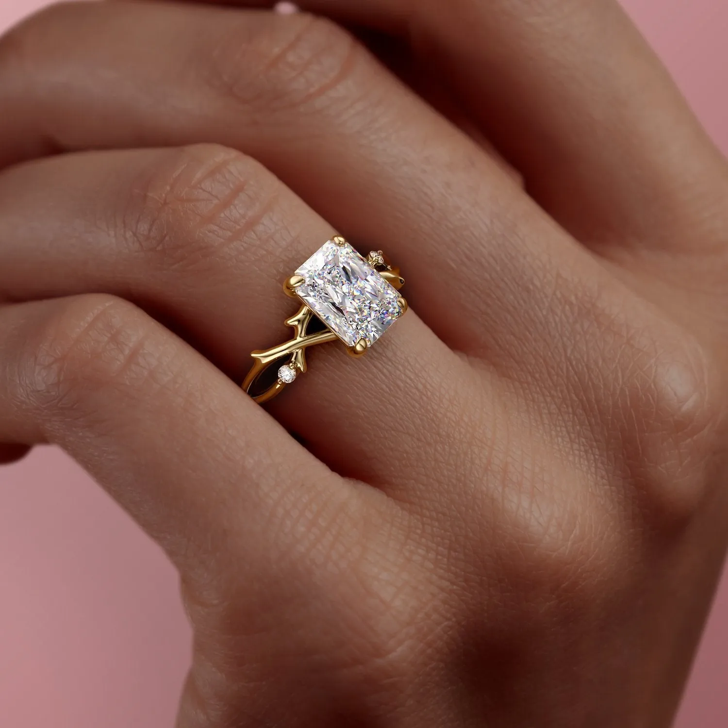 Radiant Cut Moissanite Engagement Ring, Twig Design
