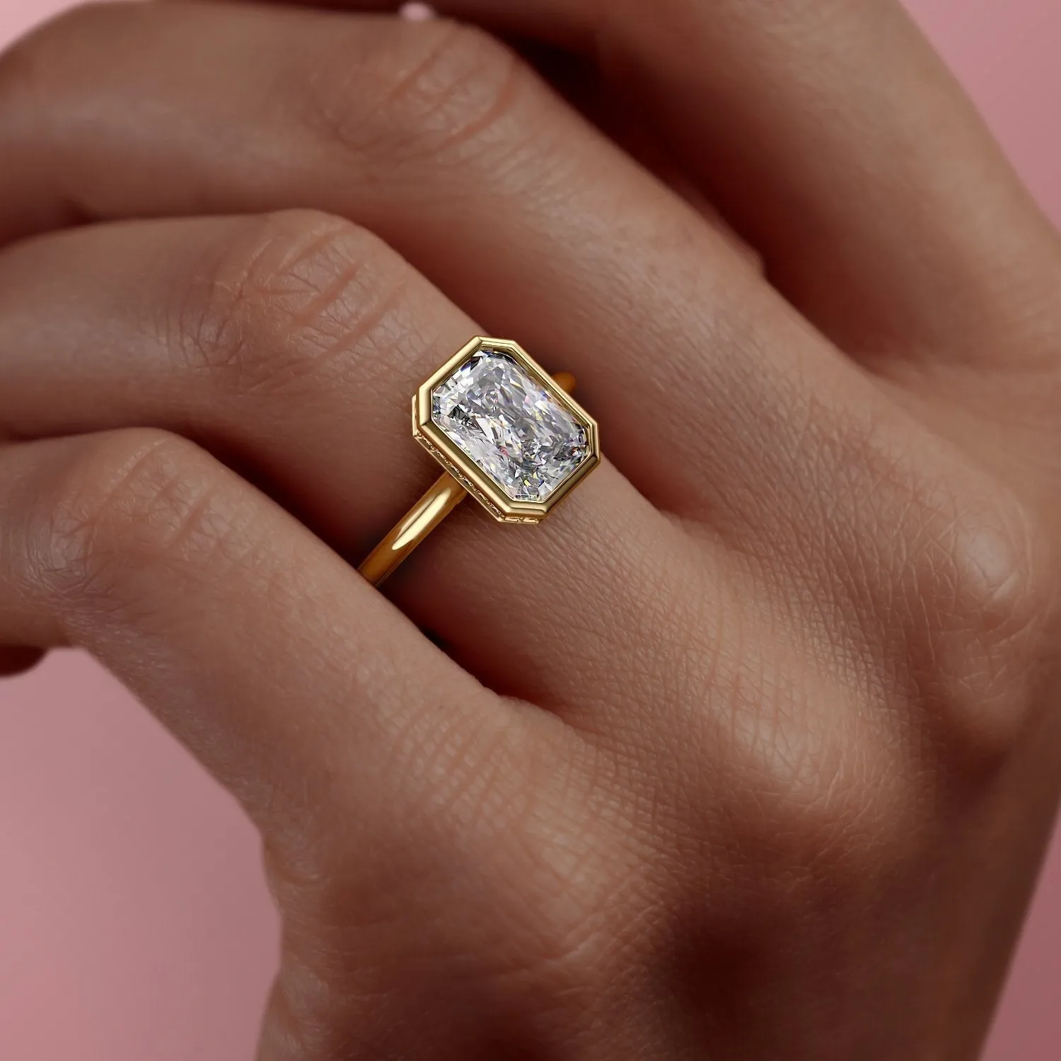 Radiant Cut Rubover Moissanite With Hidden Halo