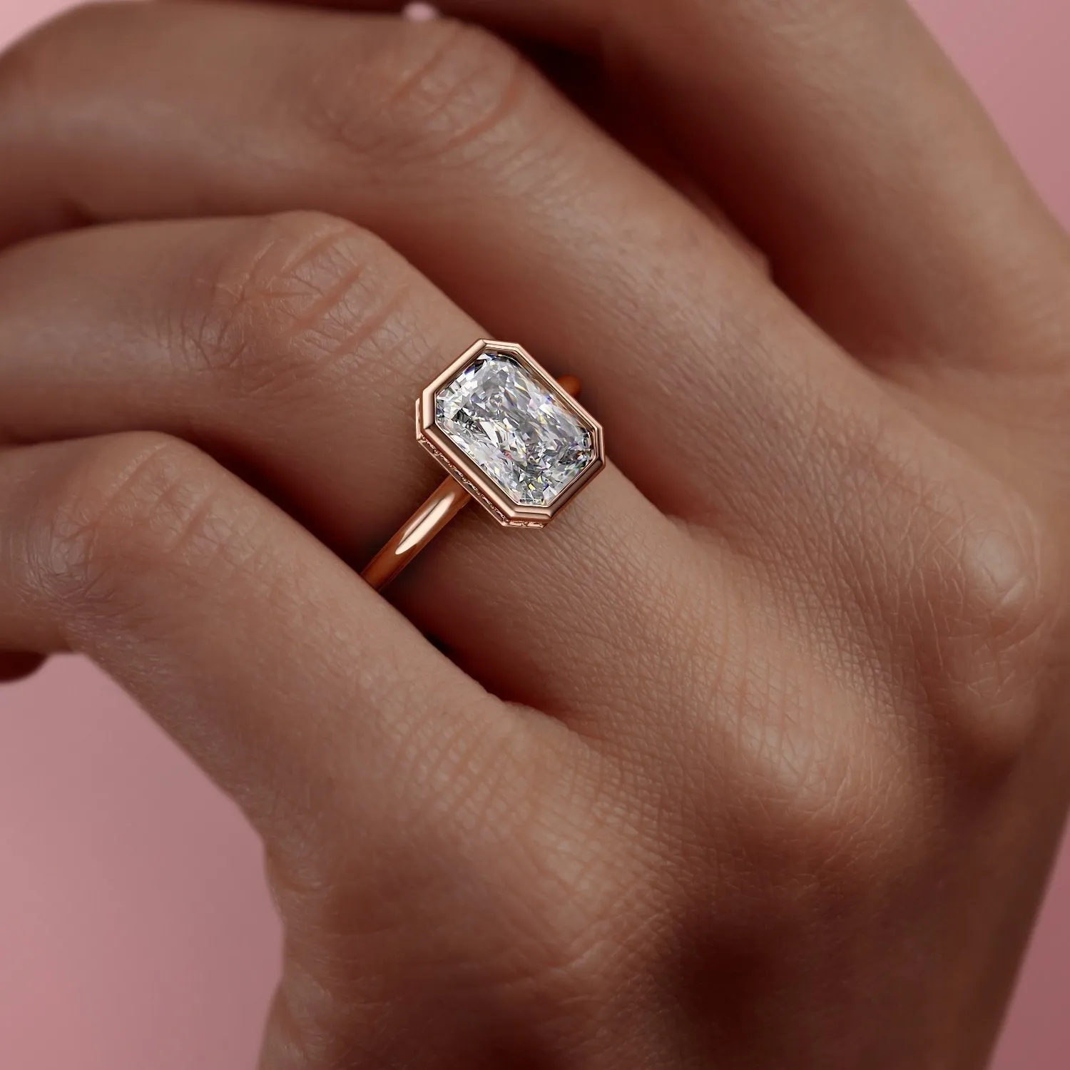 Radiant Cut Rubover Moissanite With Hidden Halo
