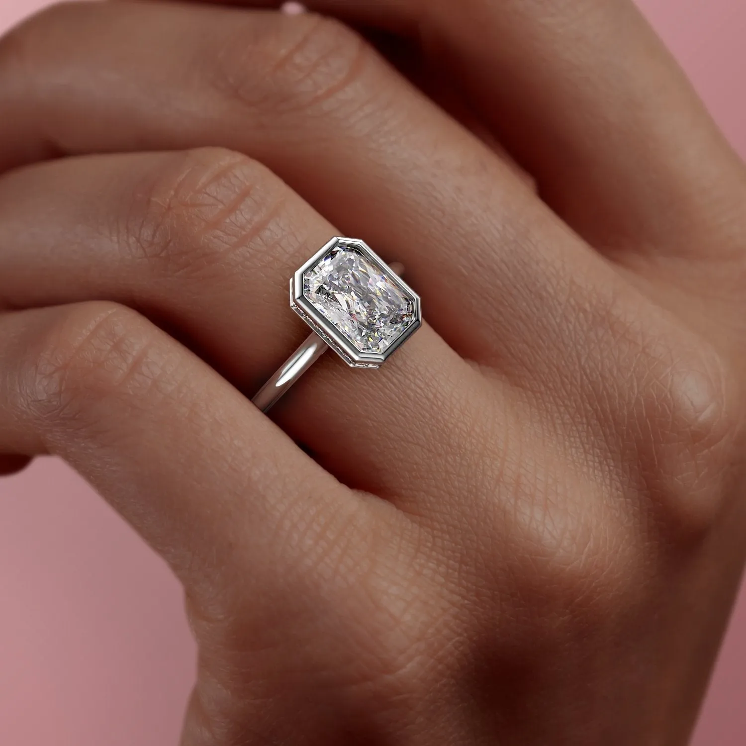 Radiant Cut Rubover Moissanite With Hidden Halo