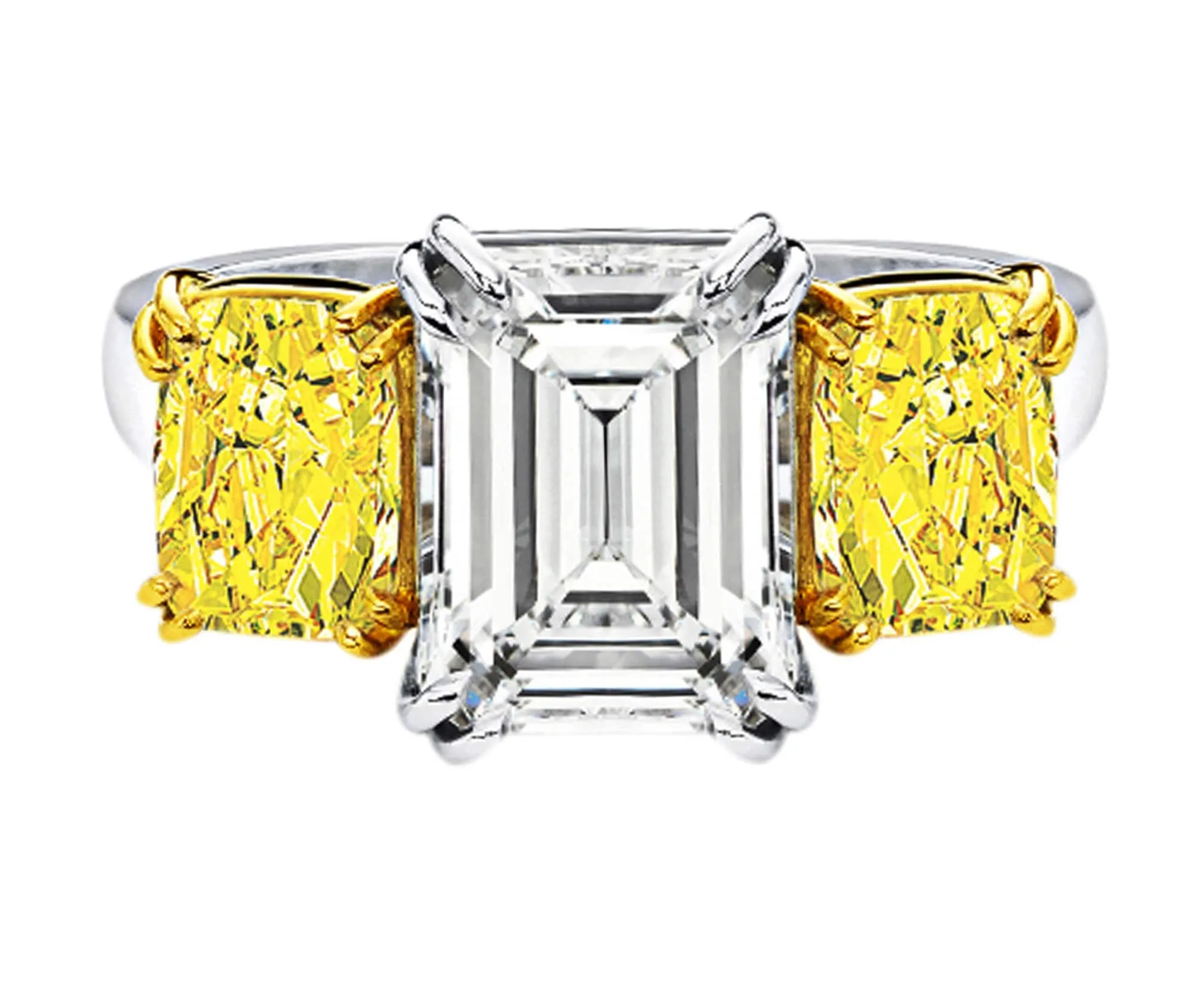 Rivière Platinum 5ct Emerald Cut Diamond with Fancy Vivid Yellow Diamond Ring