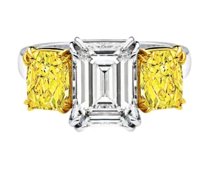 Rivière Platinum 5ct Emerald Cut Diamond with Fancy Vivid Yellow Diamond Ring
