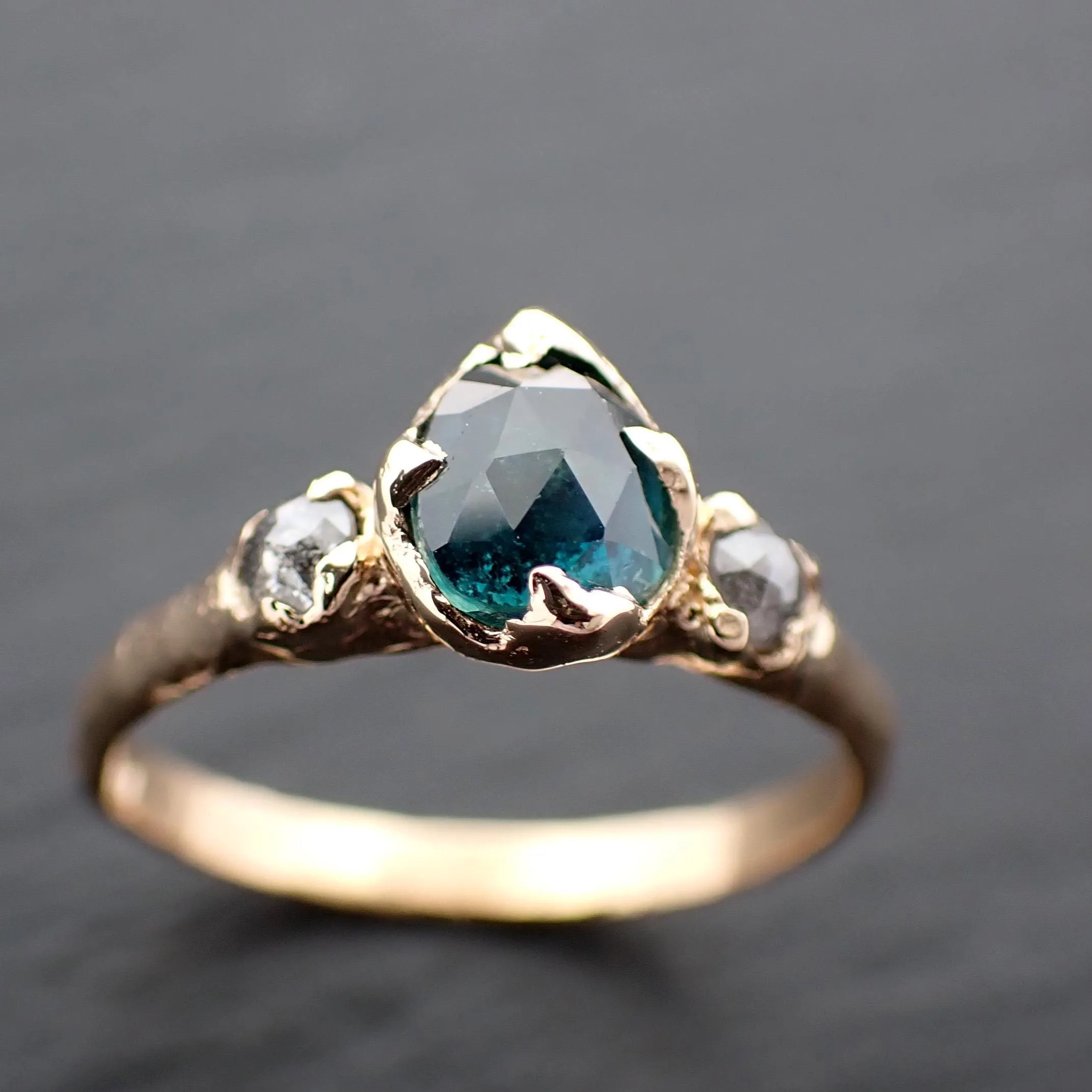Rose cut blue Montana Sapphire and fancy cut Diamonds 18k Yellow Gold Engagement Wedding Ring Gemstone Ring Multi stone Ring 3576