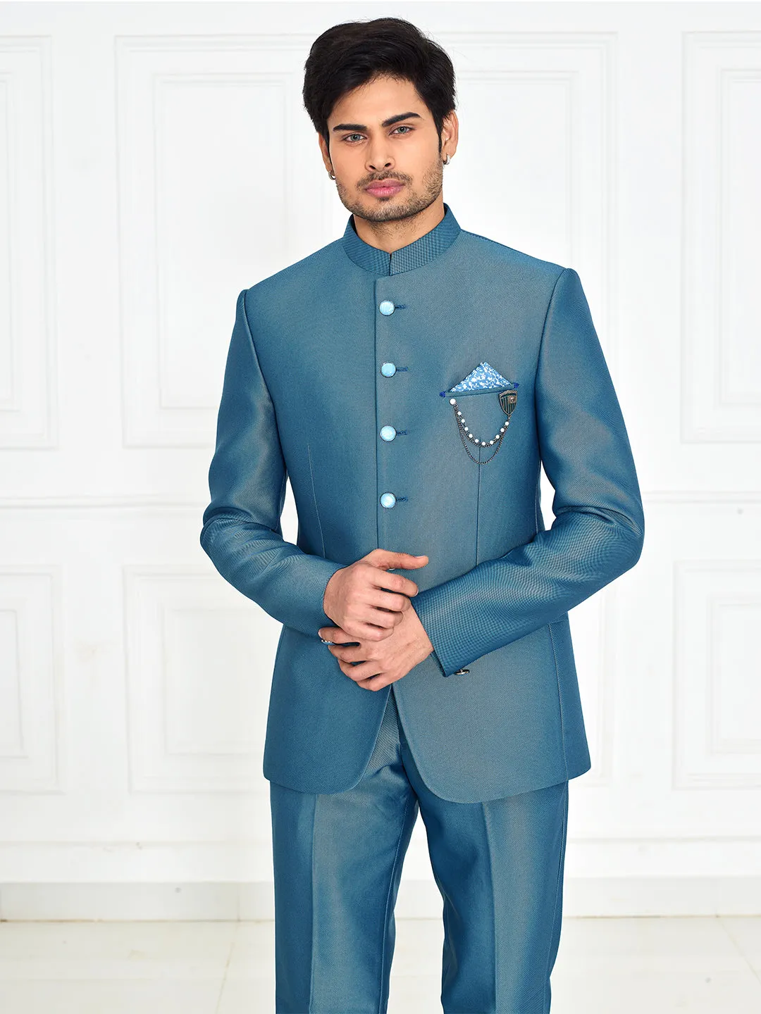 Shiny Blue Simple Jodhpuri Set for Men