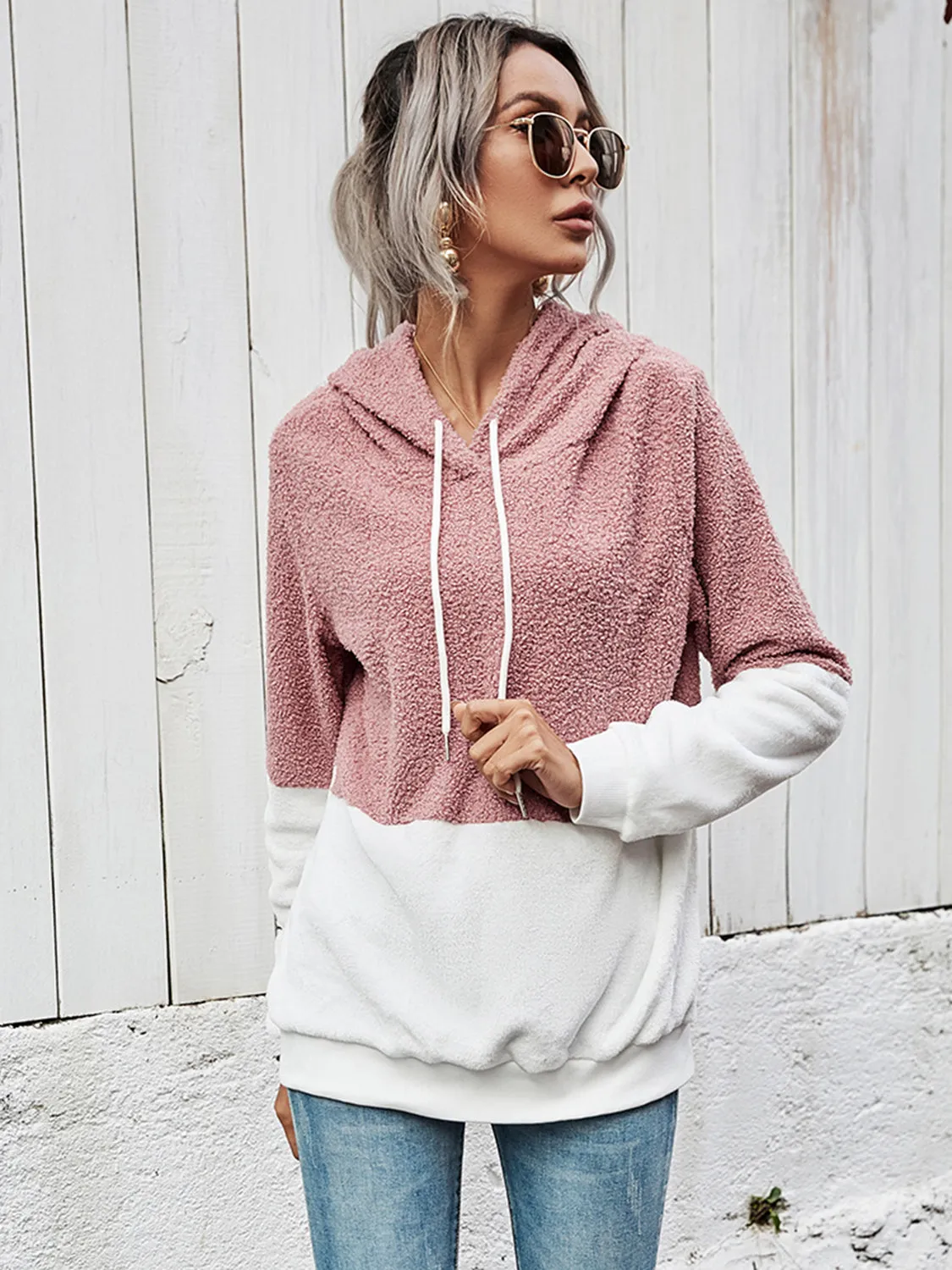 Shiny Contrast Drawstring Long Sleeve Hoodie