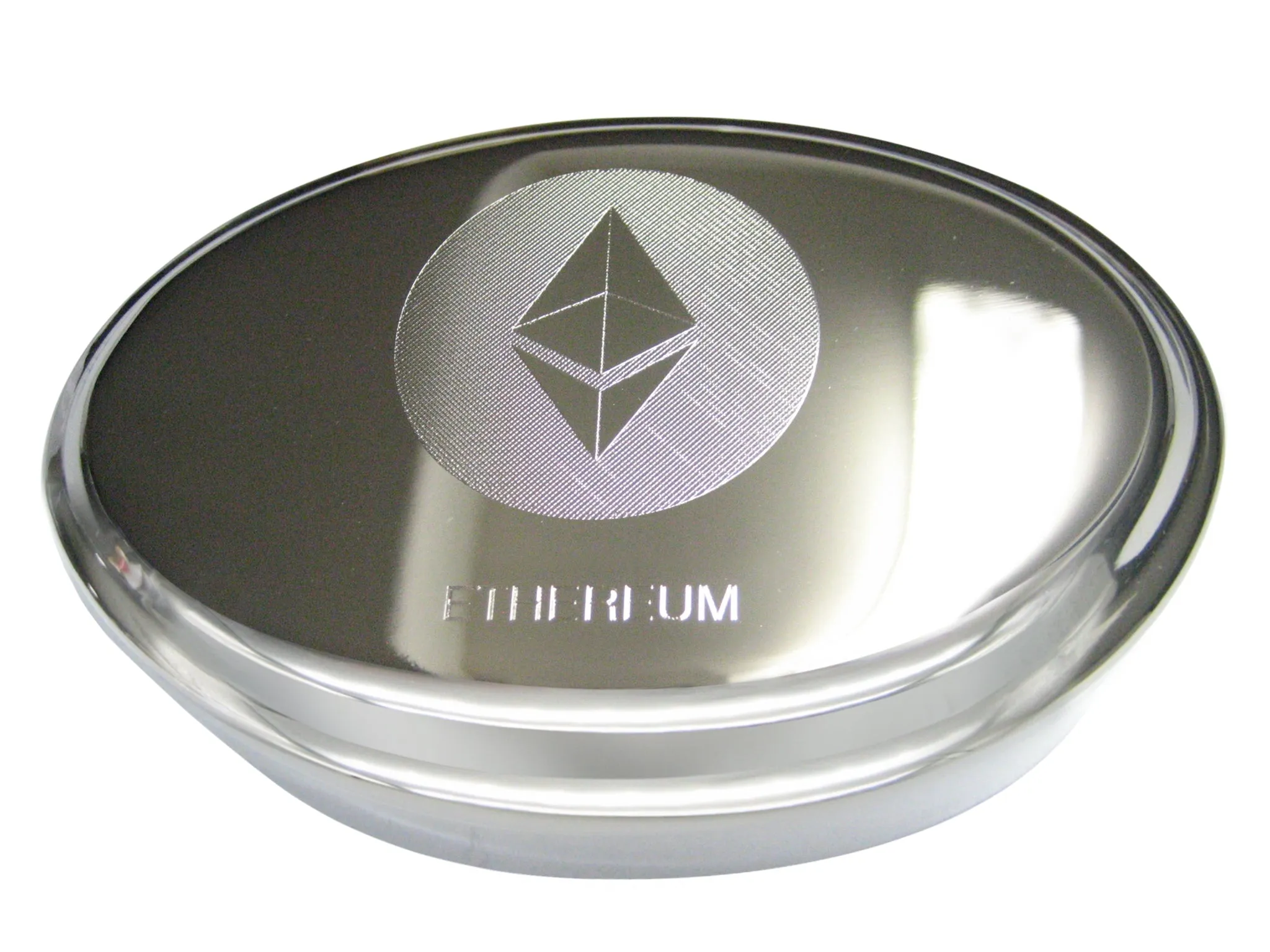 Silver Toned Etched Sleek Ethereum Coin Cryptocurrency Blockchain Oval Trinket Jewelry Box