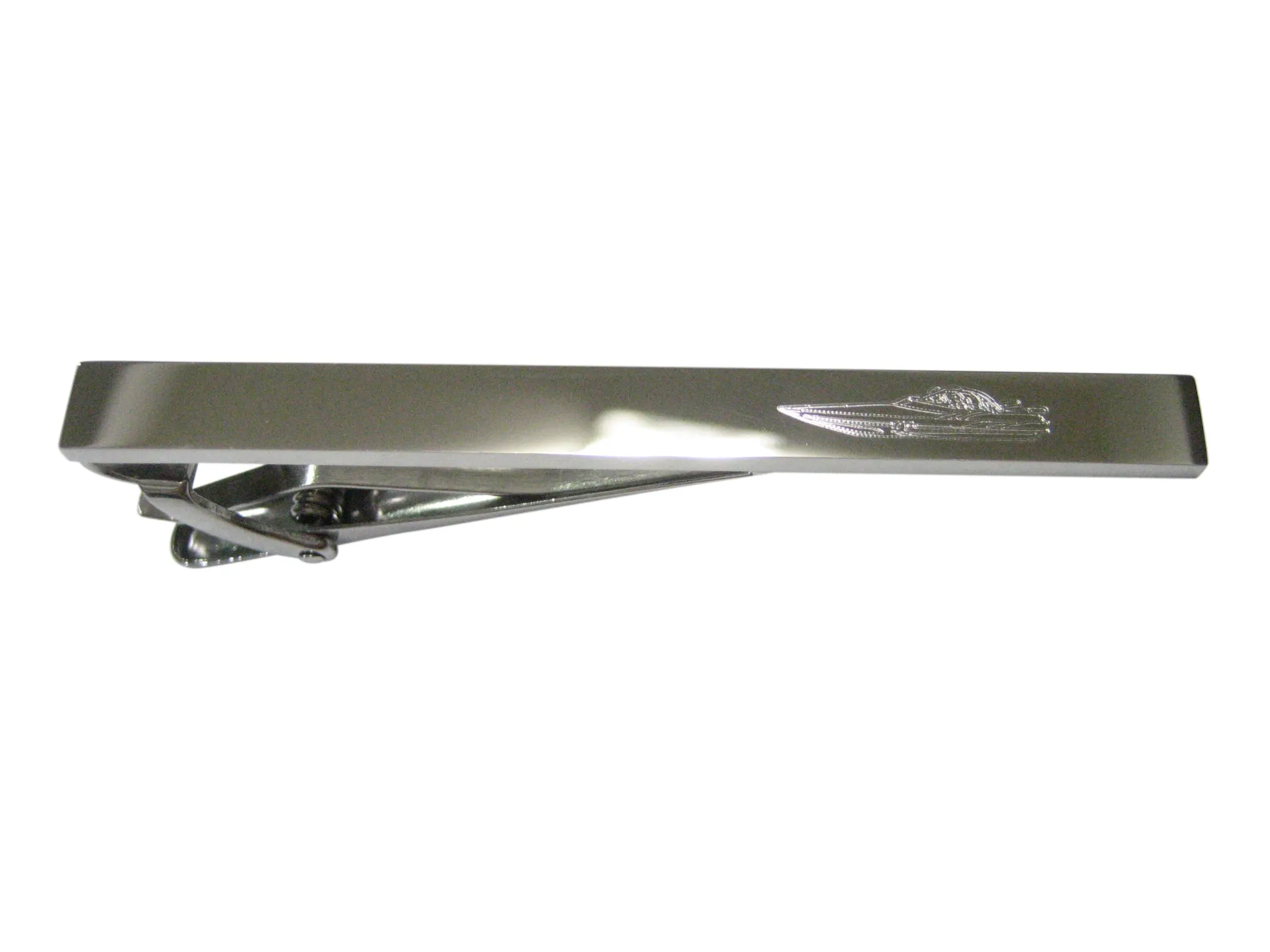 Silver Toned Etched Sleek Speed Boat Tie Clip