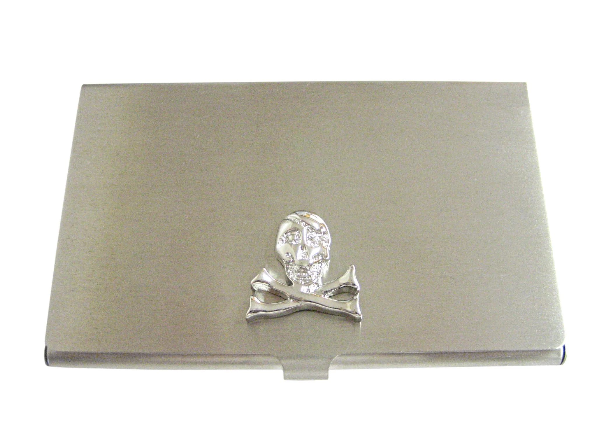 Silver Toned Shiny Skull Cross Bones Business Card Holder