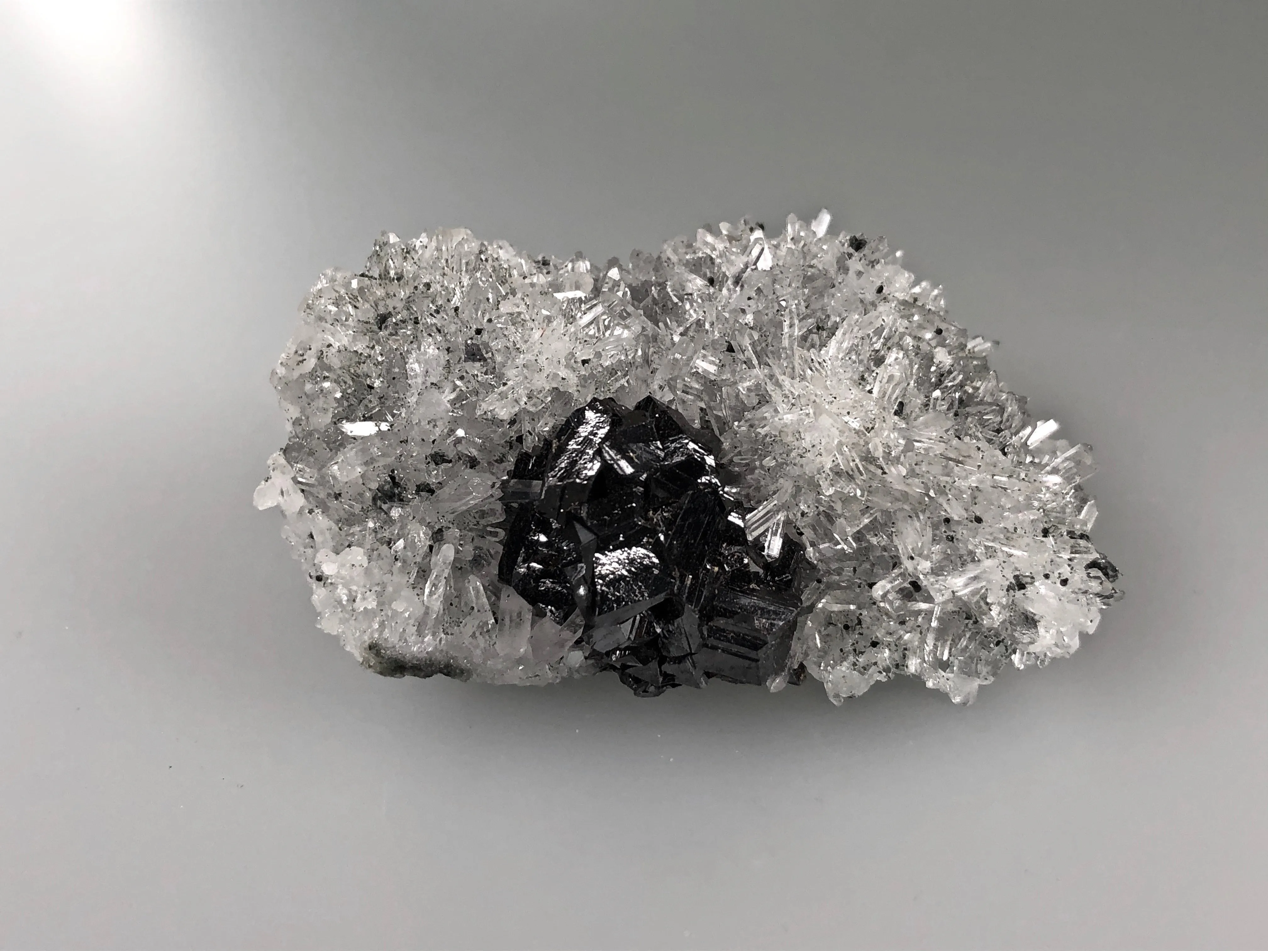 Sphalerite on Quartz, Borieva Mine, Madan District, Bulgaria, Mined c. 2012, Miniature 3.0 x 4.5 x 7.5 cm, $85.  Online January 30.