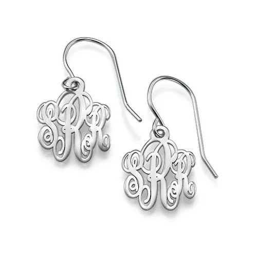 Sterling Silver Fancy Script Dangle Monogram Earrings