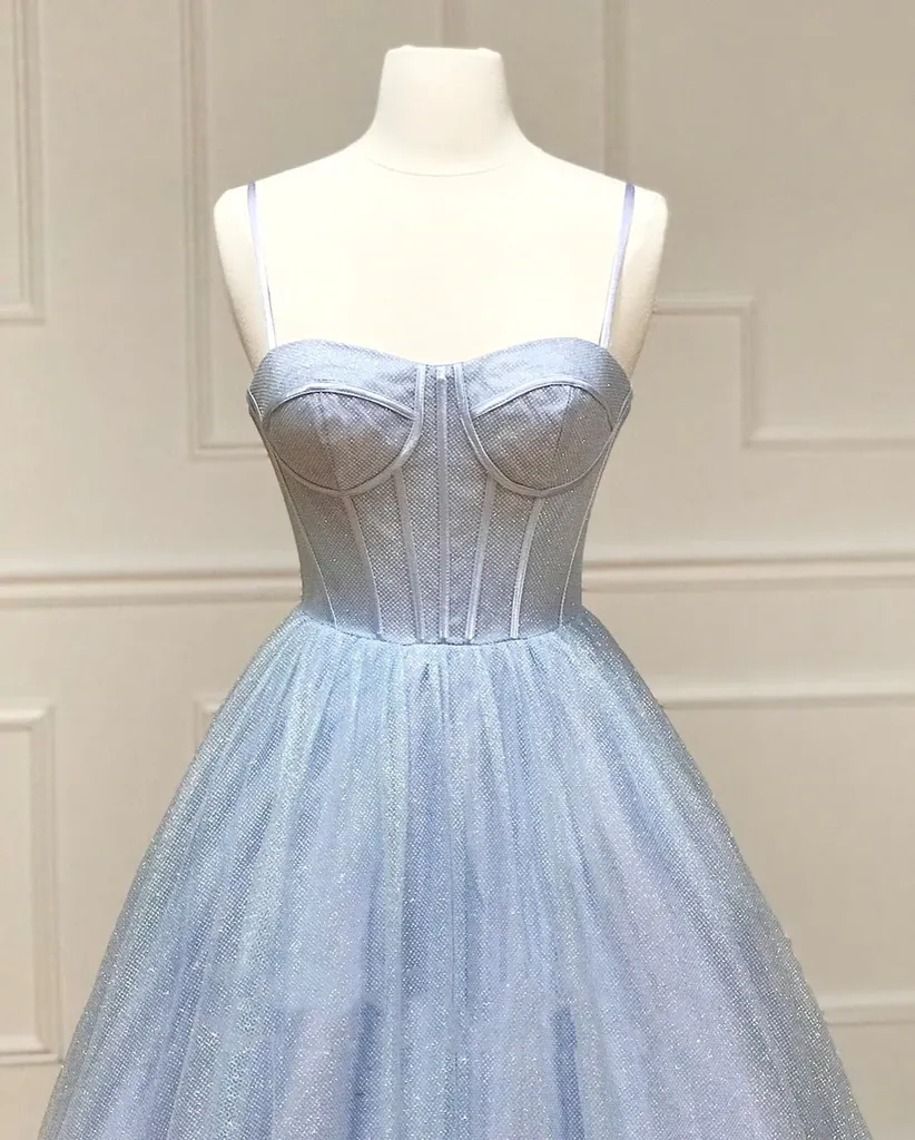 Sweetheart Neck Shiny Blue Prom Dresses, Shiny Blue Formal Evening Graduation Dresses