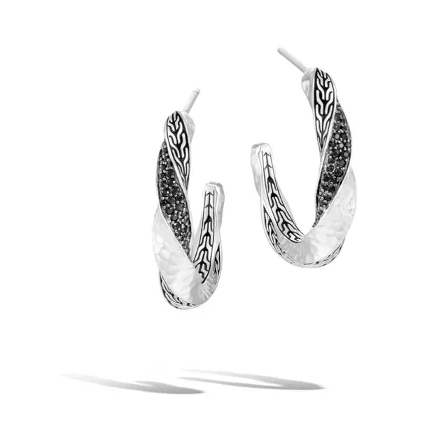 Twisted Hammered Hoop Earrings with Black Sapphires