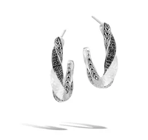 Twisted Hammered Hoop Earrings with Black Sapphires