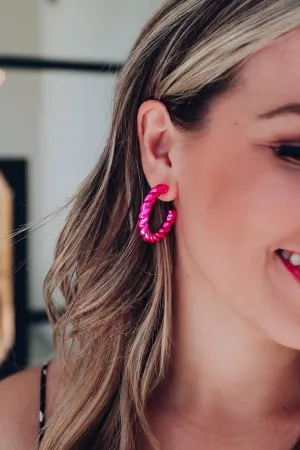 Twisted Tube Hoop Earrings - Bright Pink