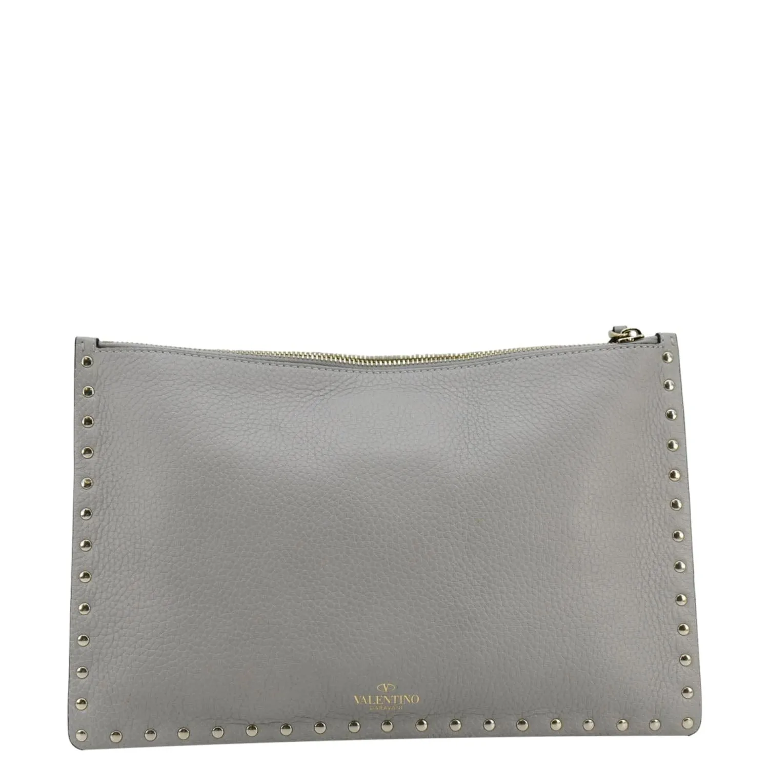VALENTINO GARAVANI Rockstud Zip Clutch Leather Pouch Grey
