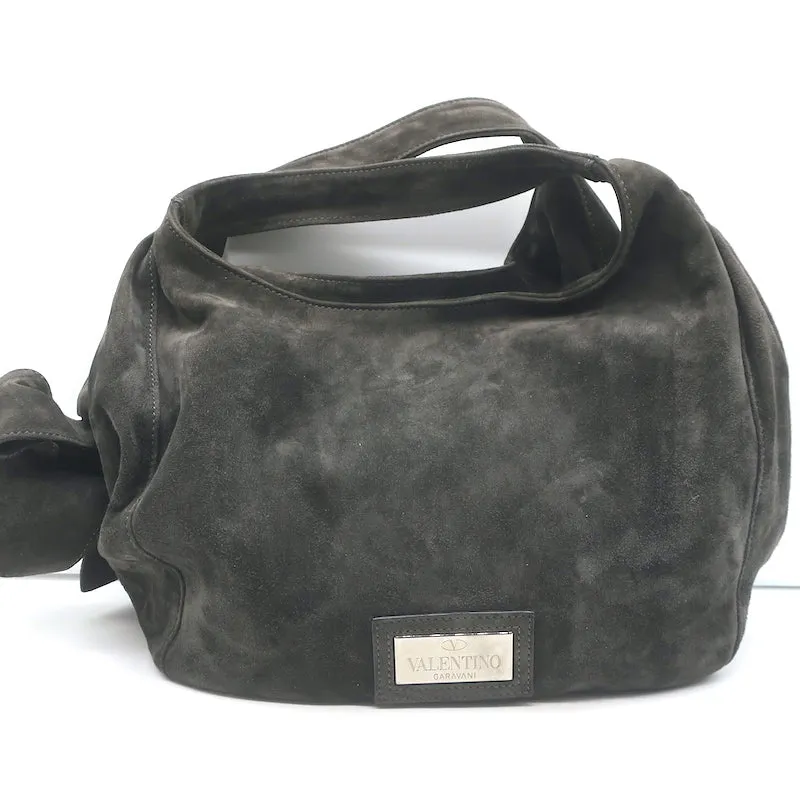 Valentino Nuage Bow Tote Very Dark Brownish Gray Suede Medium Shoulder Bag