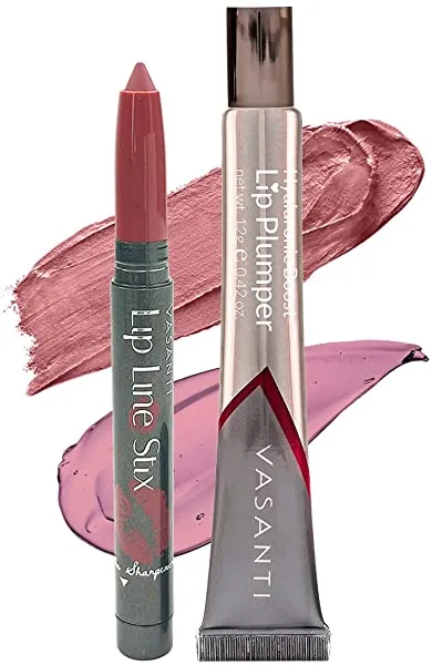 VASANTI Lip of the Day Poppin Bubbles - Natural Instinct   Amp Up Pink - Longwear, Matte, Hydrating Lip Liner Lipstick - Enhances Pout, Non-Sticky, Hyaluronic Boost Lip Plumper Lip Gloss - Natural, Organic, Paraben-Free Lip Kit
