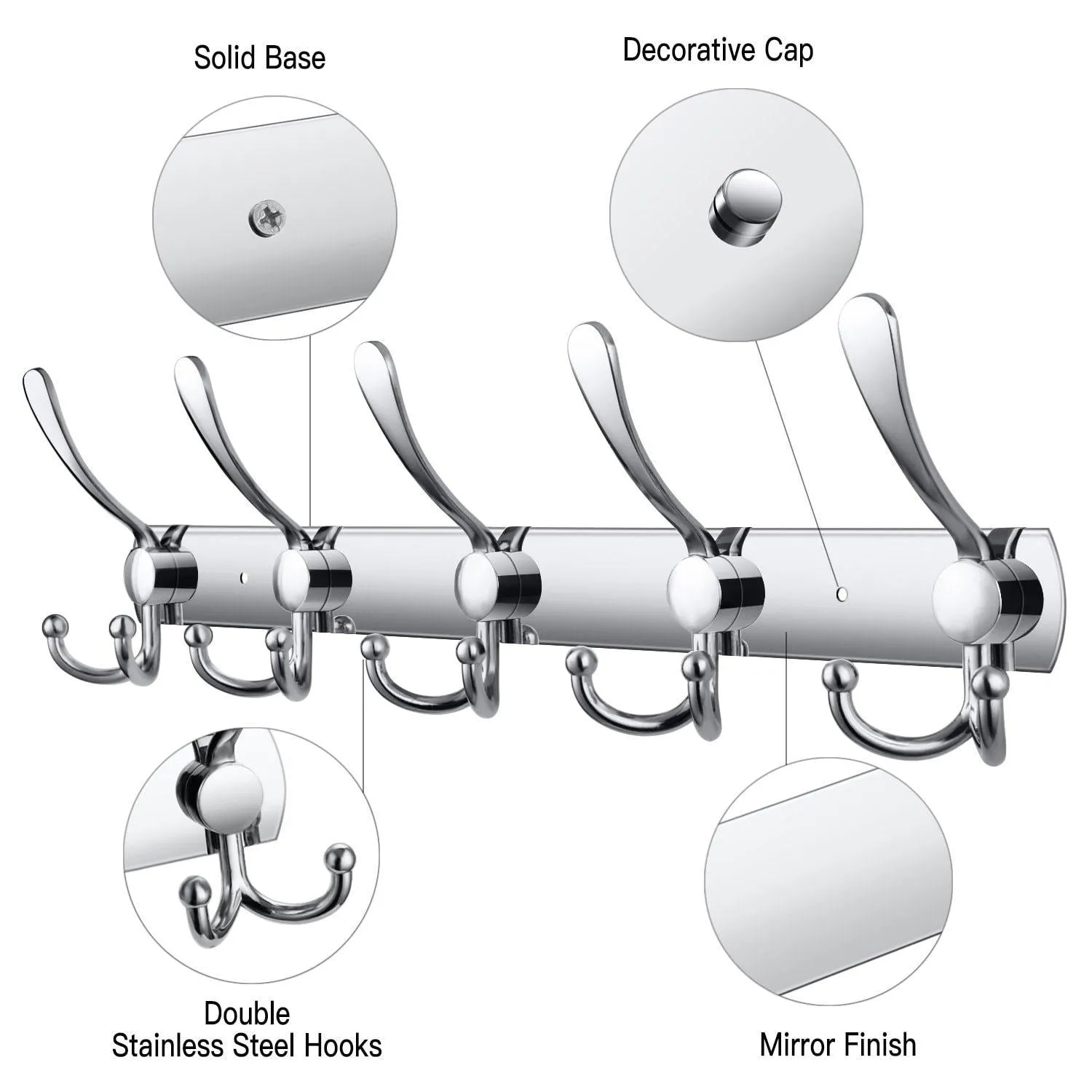 Wall Mounted Coat Hook Rack, 2 Pack 30 Hooks Stainless Steel Coat Hangers Rack Robe Hat Hooks with Sticker
