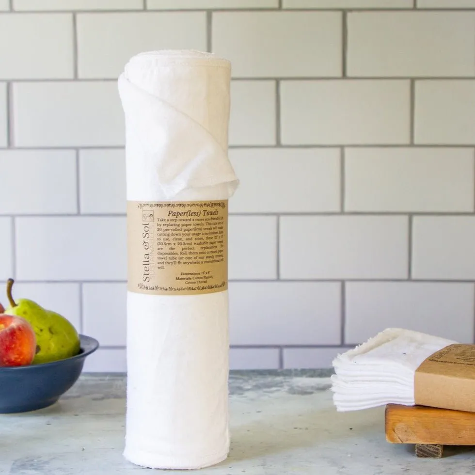 White Washable Paper(less) Towels Pre-Rolled, Set of 20