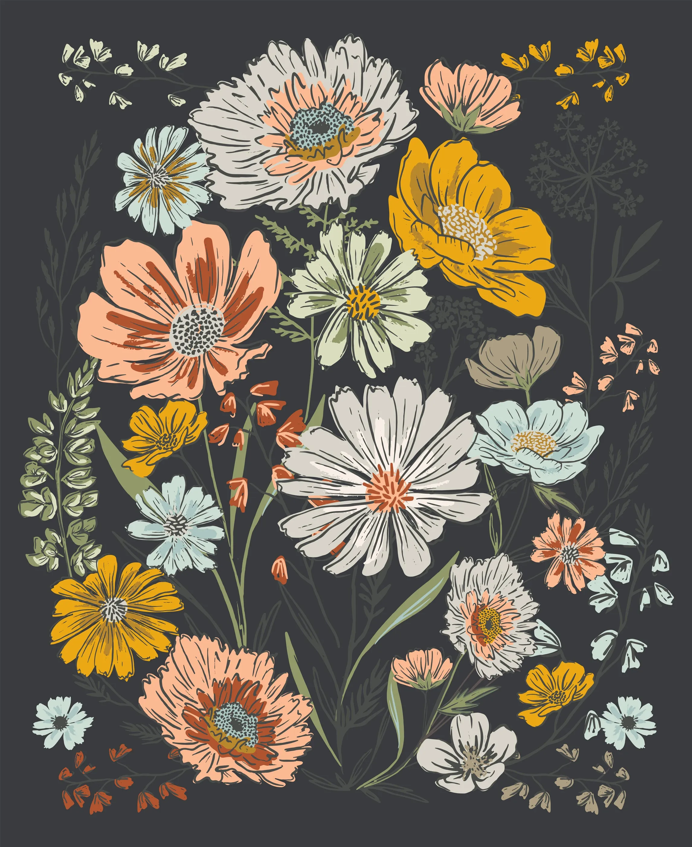 Woodland And Wildflowers Florals 36 Inch Panel in charcoal 45588 19